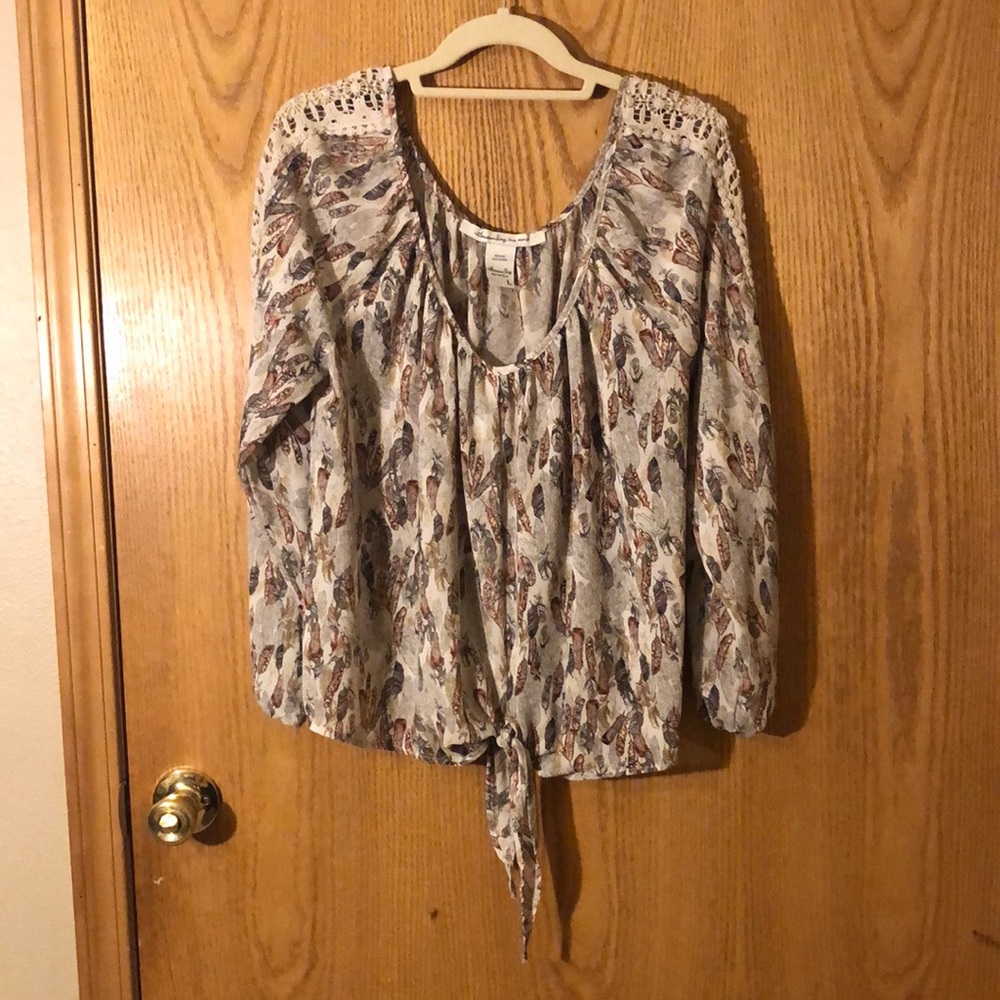 Sheer multicolored feather print top long sleeve